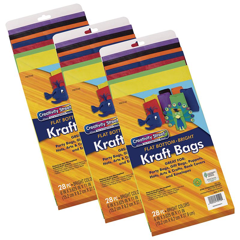 Kraft Bag, Assorted Bright Colors, 6" x 3-5/8" x 11", 28 Per Pack, 3 Packs. Picture 2