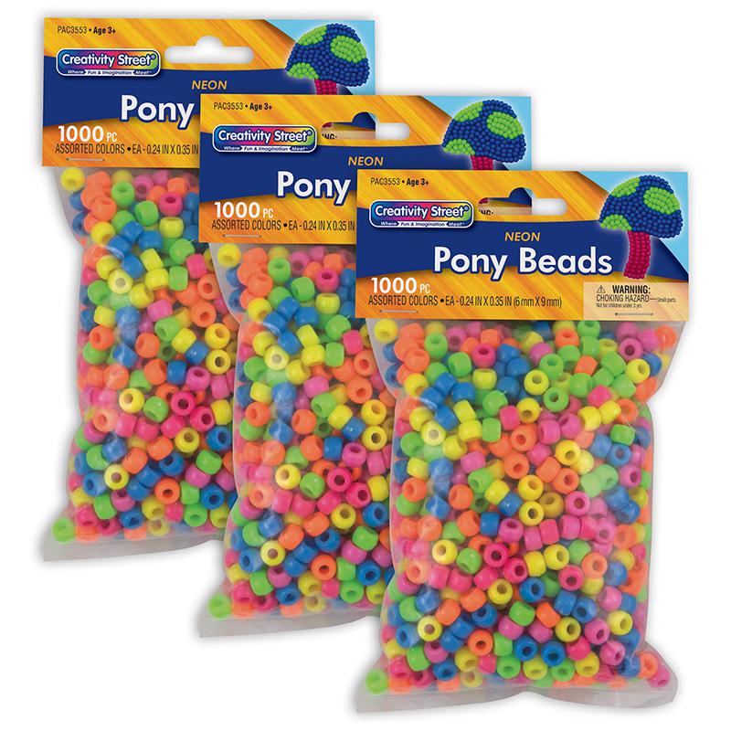 Pony Beads, Assorted Neon, 6 mm x 9 mm, 1000 Per Pack, 3 Packs. Picture 2