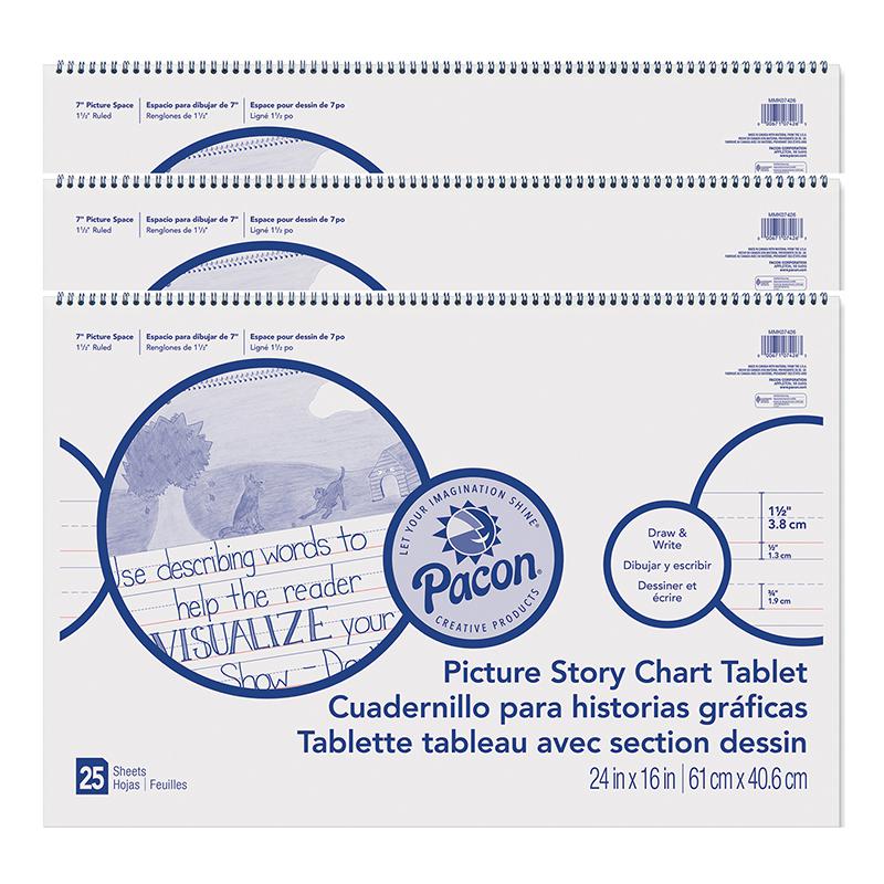 Picture Story Chart Tablet, White, Ruled Long, 1-1/2" Ruled, 25 Sheets Pack of 3. Picture 2