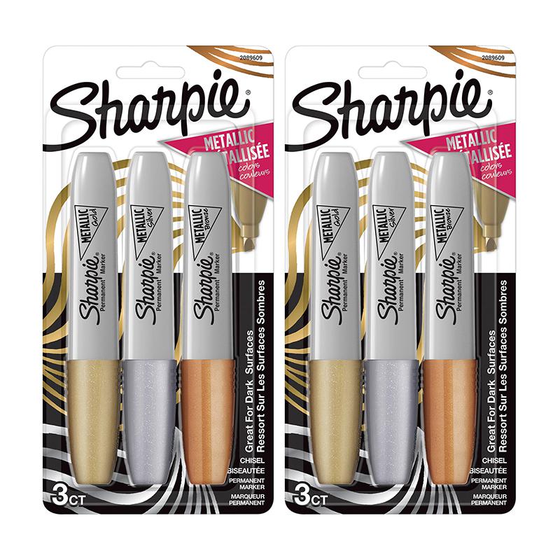 Metallic Permanent Markers, Chisel Tip, Assorted Colors, 3 Per Pack, 2 Packs. Picture 2