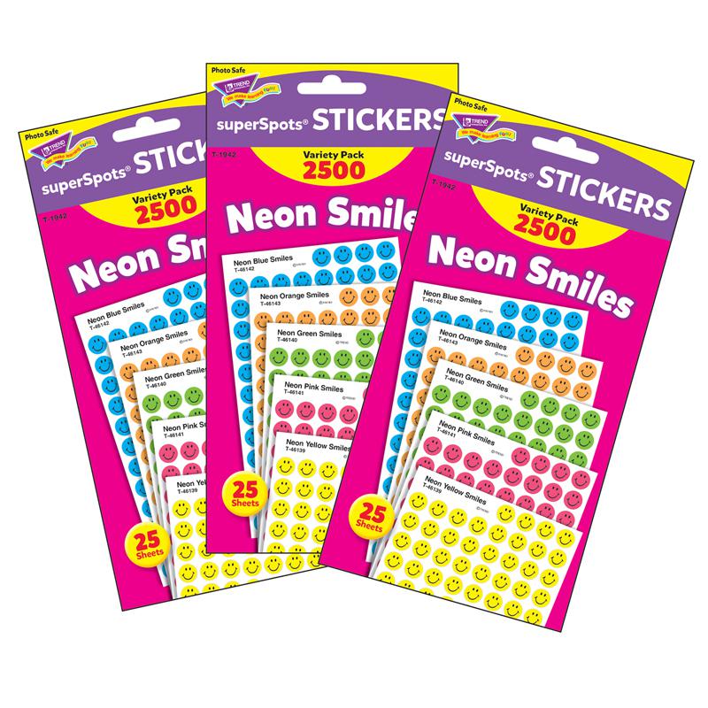 Neon Smiles superSpots Stickers Variety Pack, 2500 Per Pack, 3 Packs. Picture 2