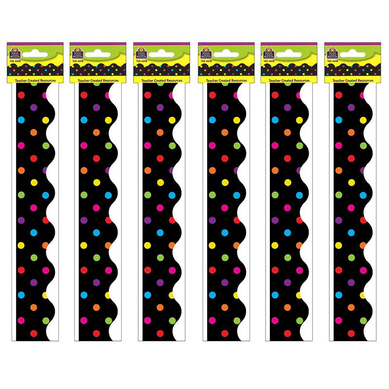 Multicolor Dots on Black Scalloped Border Trim, 35 Feet Per Pack, 6 Packs. Picture 2