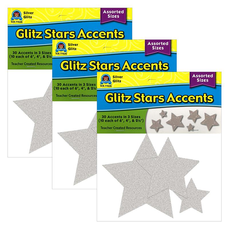 Silver Glitz Stars Accents, Assorted Sizes, 30 Per Pack, 3 Packs. Picture 2