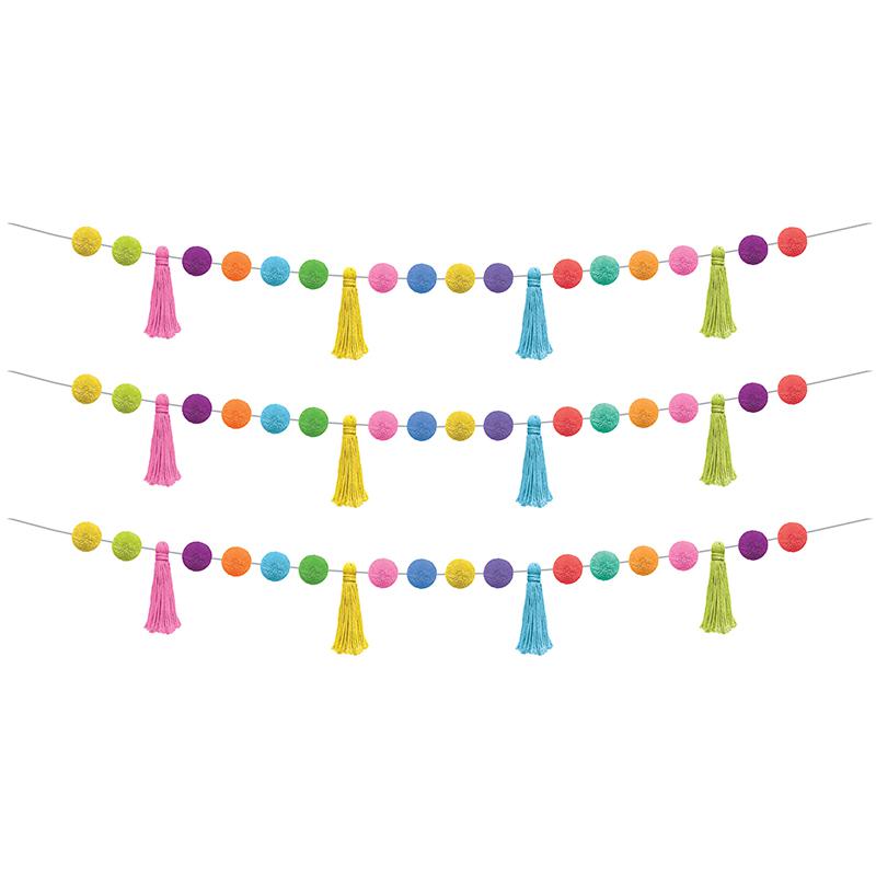 Colorful Pom-Poms and Tassels Garland, Pack of 3. Picture 2