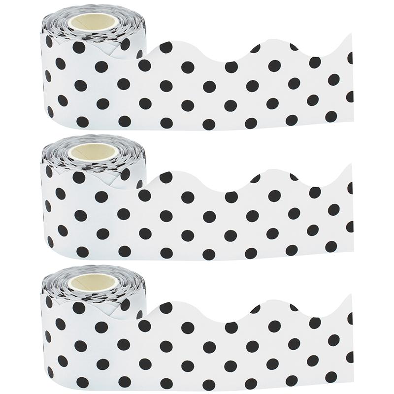 Black Polka Dots on White Scalloped Rolled Trim, 50 Ft Per Roll, Pack of 3. Picture 2