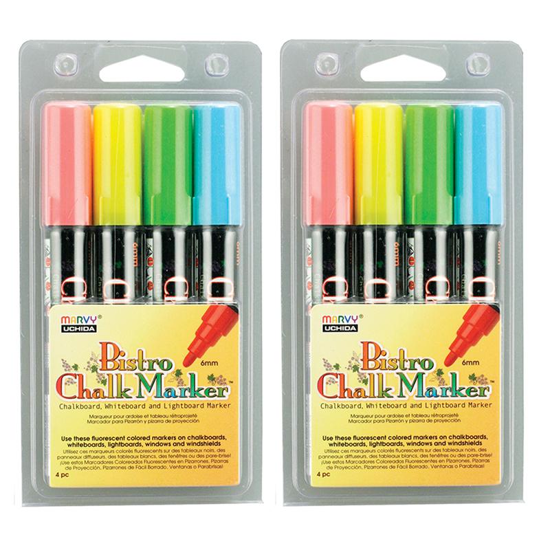Chalk Marker Set, Broad Point, Assorted Fluorescent Colors, 4 Per Set, 2 Sets. Picture 2