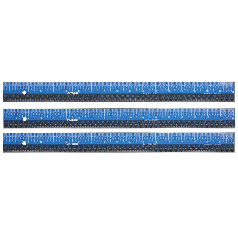 Easy Read Ruler, Stainless Steel, Blue/Black, 18", Pack of 3. Picture 2