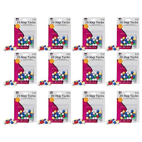 Map Tacks, 3/8 Inch Head, Assorted Colors, 20 Per Pack, 12 Packs. Picture 1