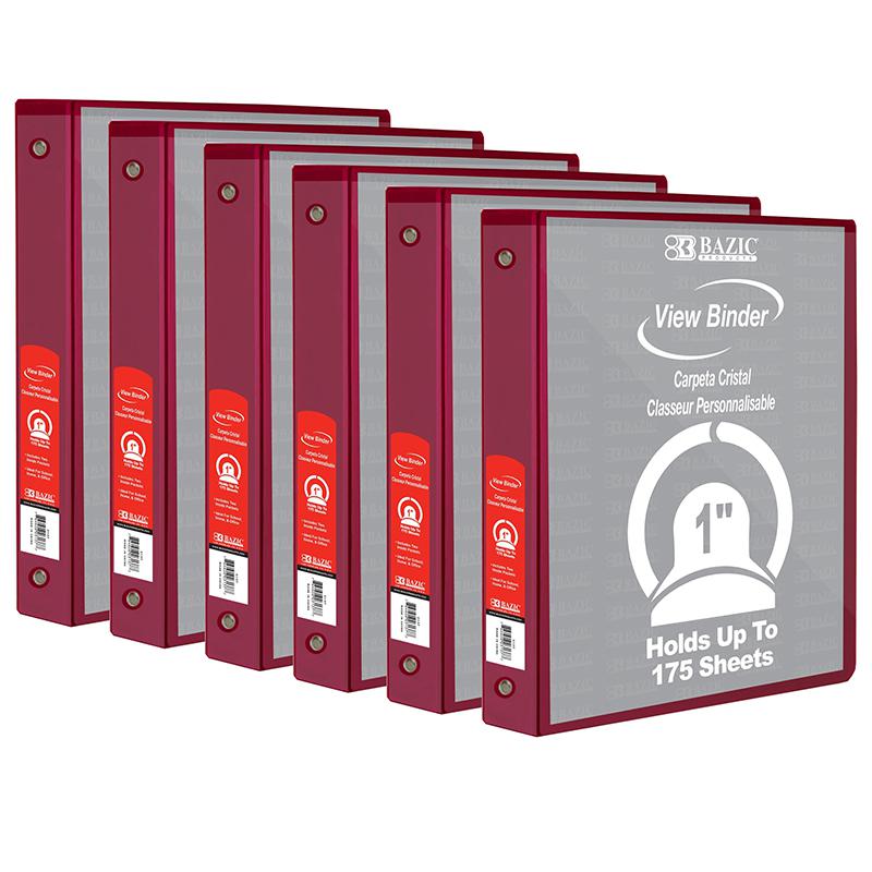 3-Ring View Binder with 2 Pockets, 1", Burgundy, Pack of 6. Picture 1