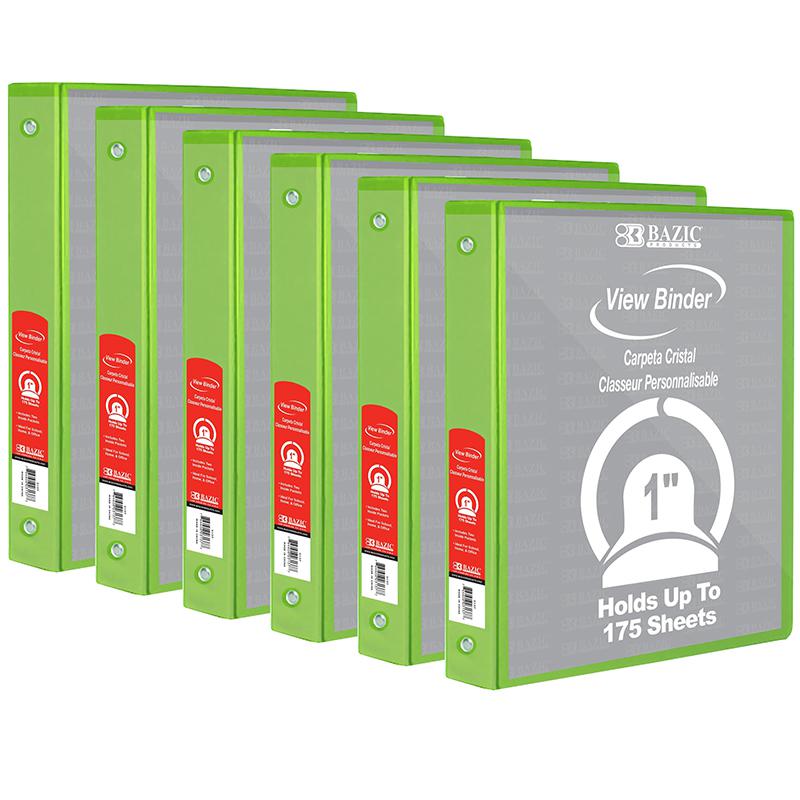 3-Ring View Binder with 2 Pockets, 1", Lime Green, Pack of 6. Picture 1