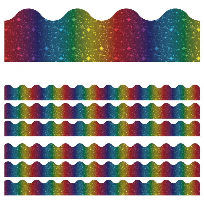 Sparkle + Shine Rainbow Foil Scalloped Border, 39 Feet Per Pack, 6 Packs. Picture 1