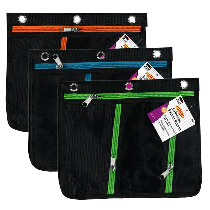 3 Pocket Pencil Pouch, Expanding to 1", 11"W x 9.5"H x 1"D - Pack of 3. Picture 1