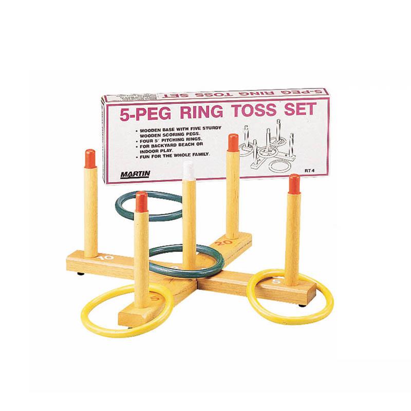 RING TOSS GAME 5-PEG BASE WOOD PEGS 4 PLASTIC RINGS. Picture 1
