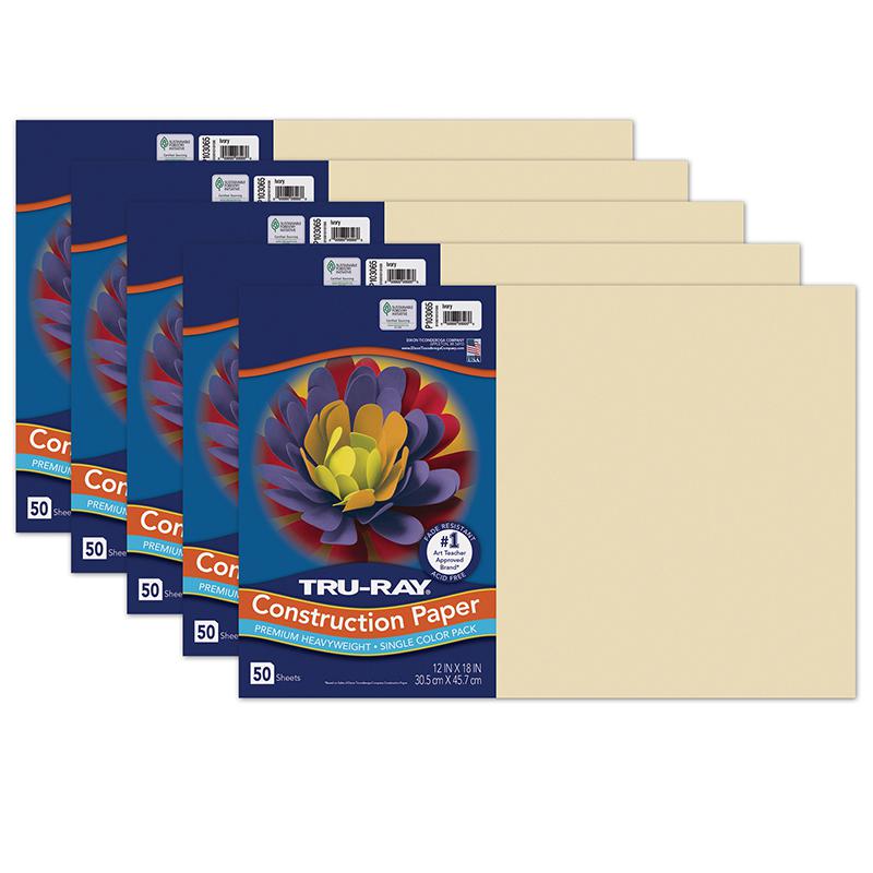 Fade-Resistant Construction Paper, Ivory, 12" x 18", 50 Sheets Per Pack, 5 Packs. Picture 1