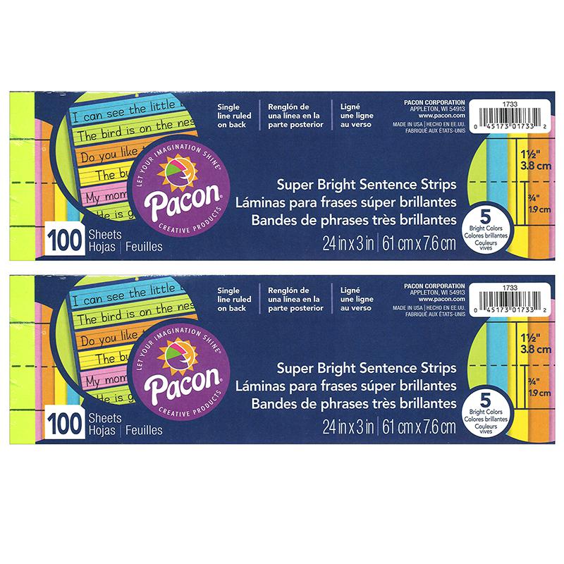Sentence Strips, Assorted 5 Colors, Ruled 3" x 24", 100 Strips Per Pack, 2 Packs. Picture 1
