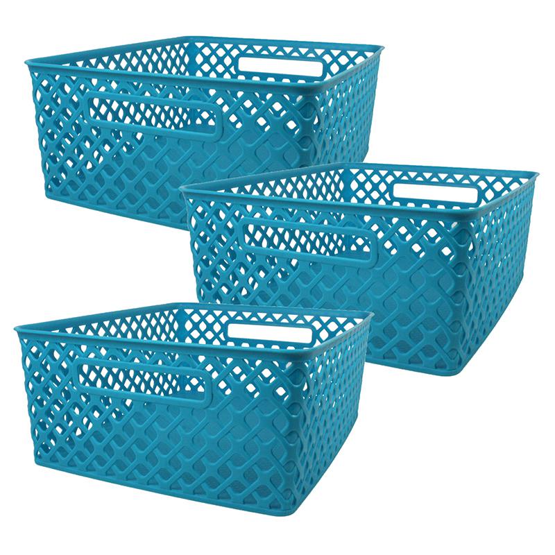 Woven Basket, Medium, Turquoise, Pack of 3. Picture 1