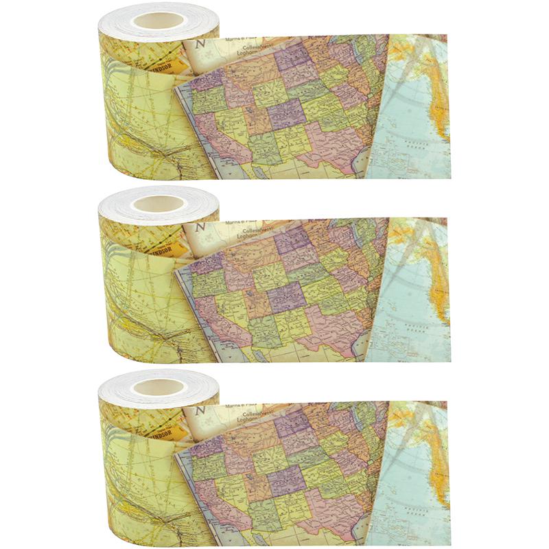 Travel the Map Straight Rolled Border Trim, 50 Feet Per Roll, Pack of 3. Picture 1