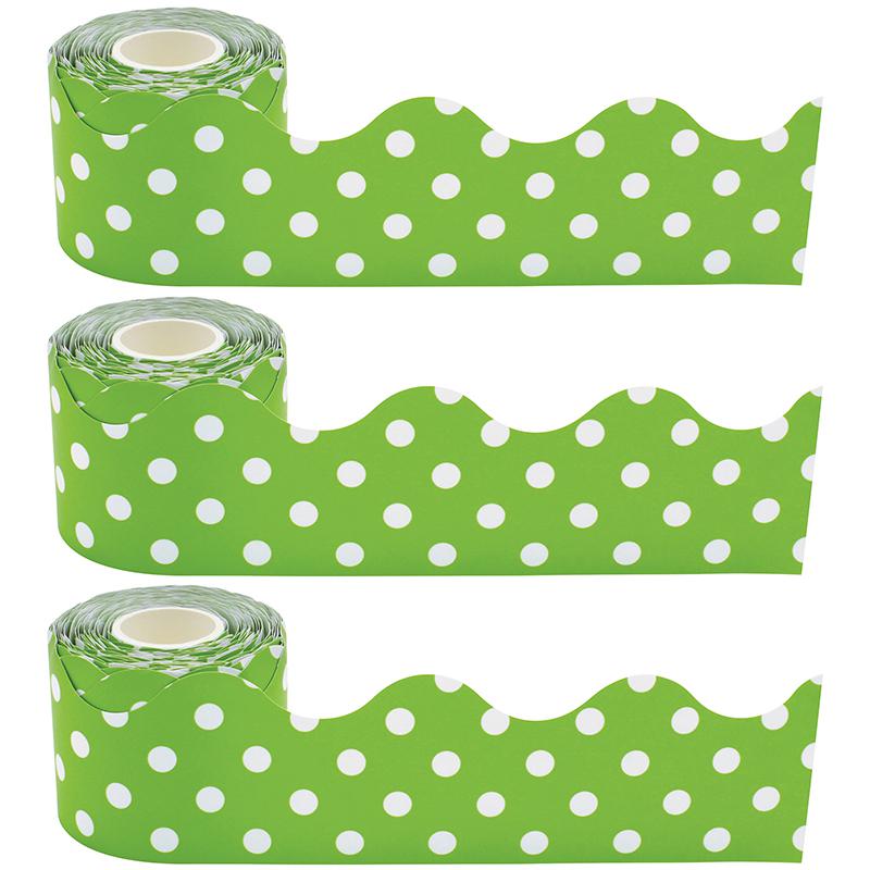 Lime Polka Dots Scalloped Rolled Border Trim, 50 Feet Per Roll, Pack of 3. Picture 1