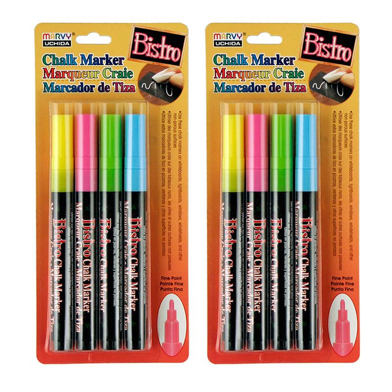 Chalk Marker Set, Fine Tip, Assorted Fluorescent Colors, 4 Per Set, 2 Sets. Picture 1