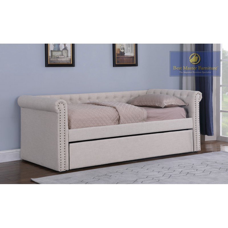 Best Master Furniture Tufted Transitional Fabric Daybed with Trundle in Beige. Picture 2