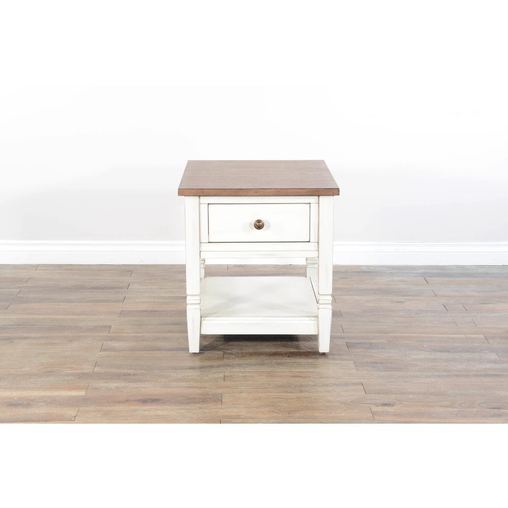 Sunny Designs Pasadena 1-Drawer Farmhouse Mahogany End Table in Off White. Picture 2