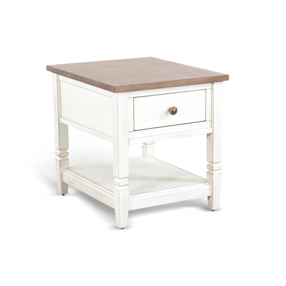 Sunny Designs Pasadena 1-Drawer Farmhouse Mahogany End Table in Off White. Picture 1