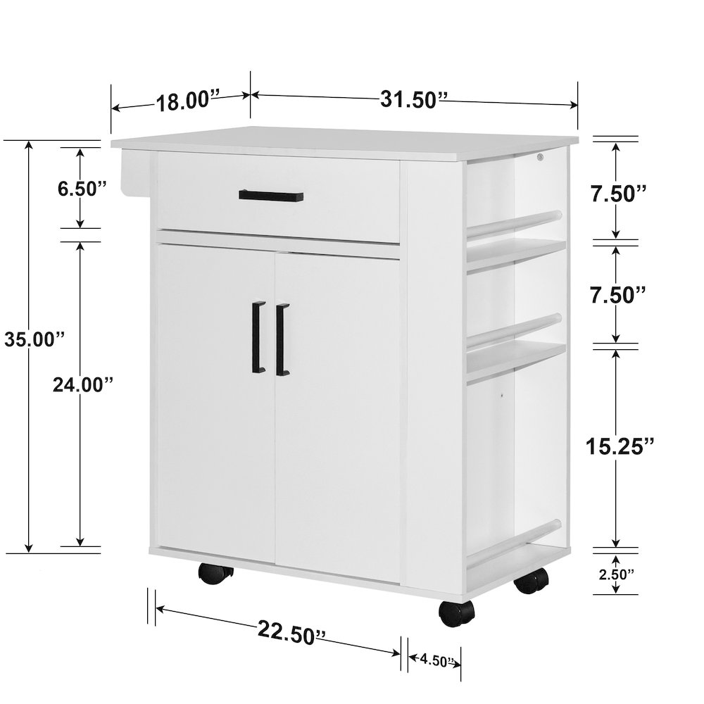 Better Home Products Shelby Rolling Kitchen Cart with Storage Cabinet - White. Picture 4