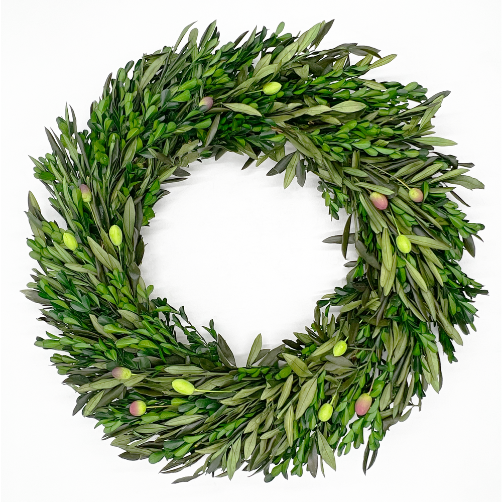 Preserved Decorative Real Boxwood Leaf and Olive Leaf Wreath 21 Inch - Green. Picture 1
