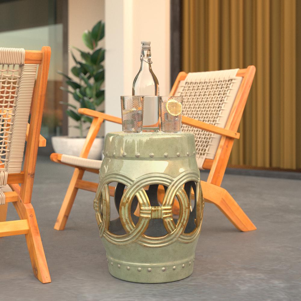 Large Medallion Ceramic Indoor/Outdoor Garden Stool/Table in Olive Jade Green. Picture 11