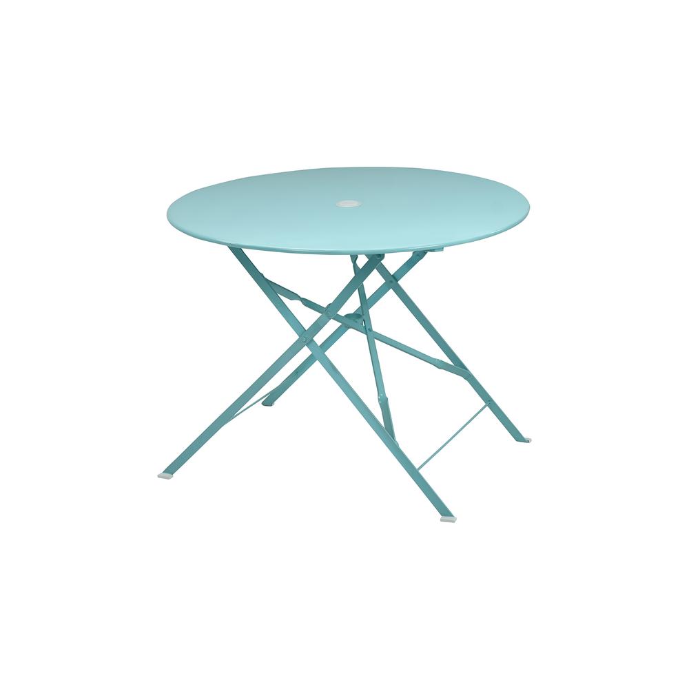 Bistro 36" Round Folding Outdoor Table - Umbrella Hole - Teal. Picture 1