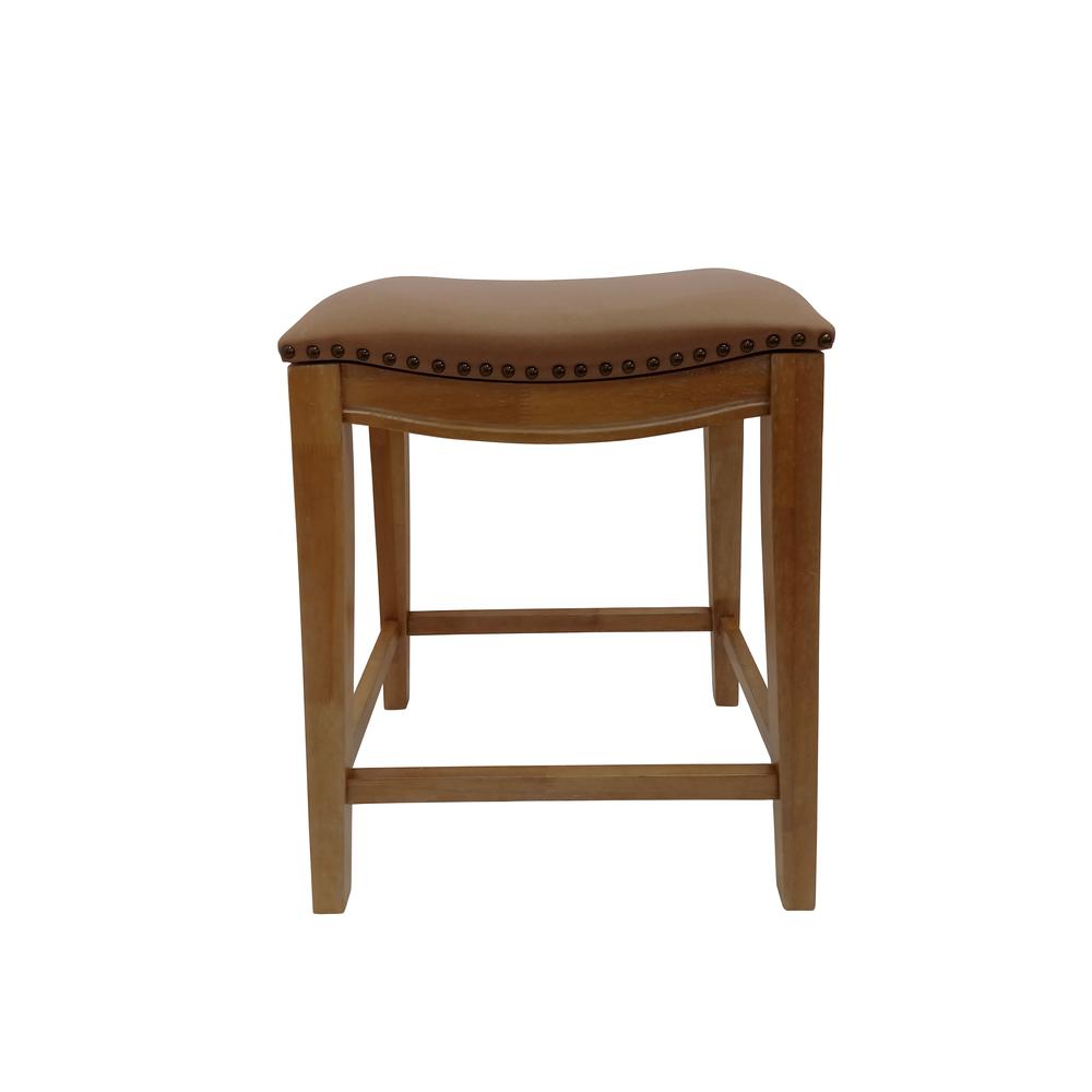 25" Saddle Counter Stool - Set of 2 - Natural Oak - Saddle Brown Upholstery. Picture 1