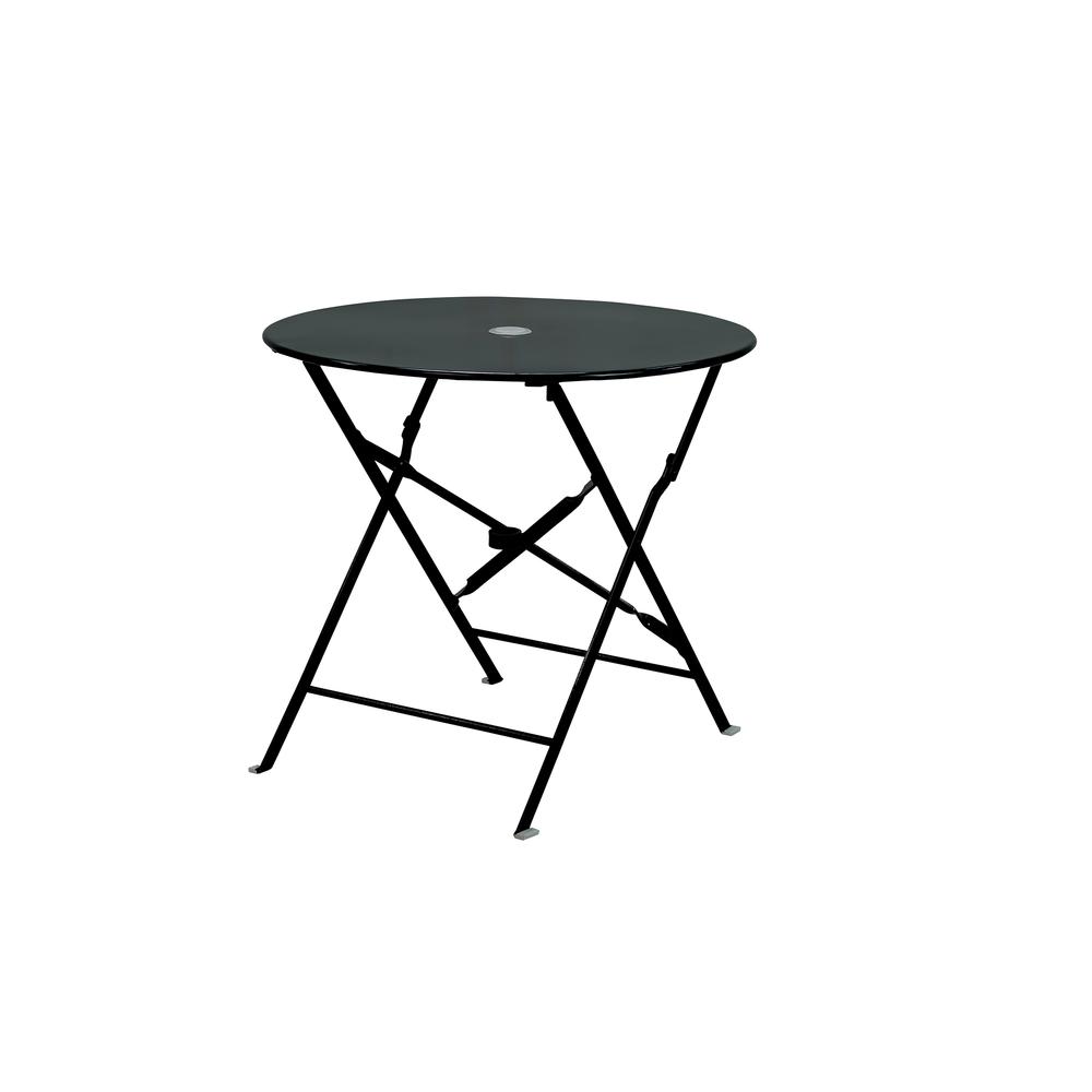 Bistro 30" Round Folding Outdoor Table - Umbrella Hole - Black. Picture 1