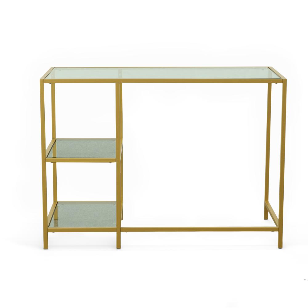 Marcello Glass Top Desk with Shelves - Gold. Picture 4