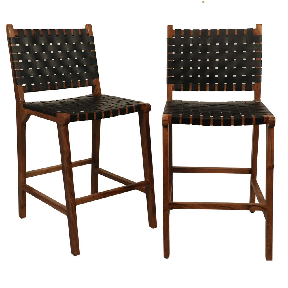 Whitney Leather Weave Barstool - Set of 2 - Honey Gold - Black Upholstery. Picture 5