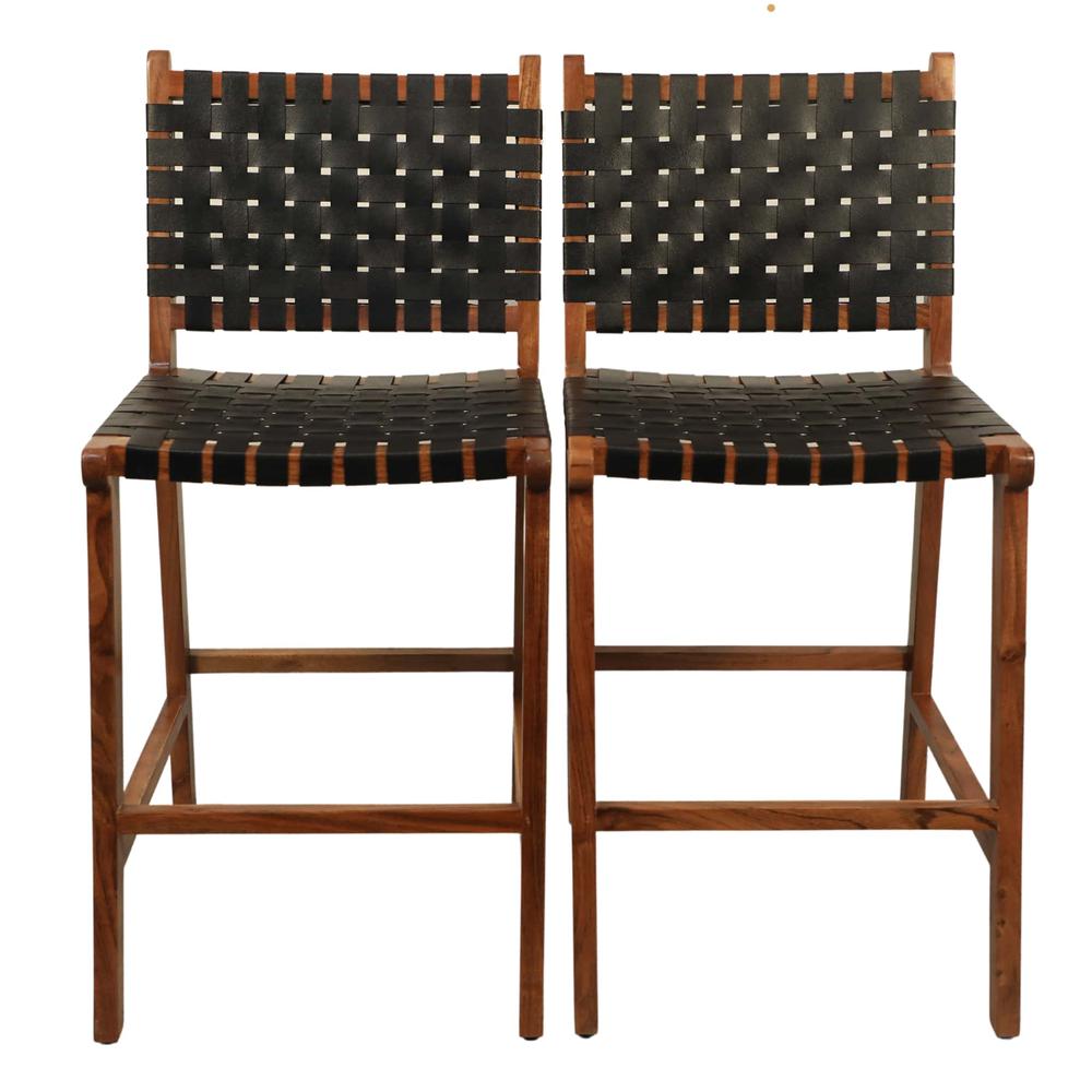Whitney Leather Weave Barstool - Set of 2 - Honey Gold - Black Upholstery. Picture 6