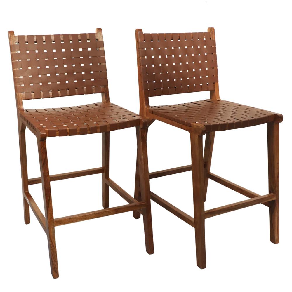 Whitney Leather Weave Barstool - Set of 2 - Honey Gold - Tan Upholstery. Picture 5