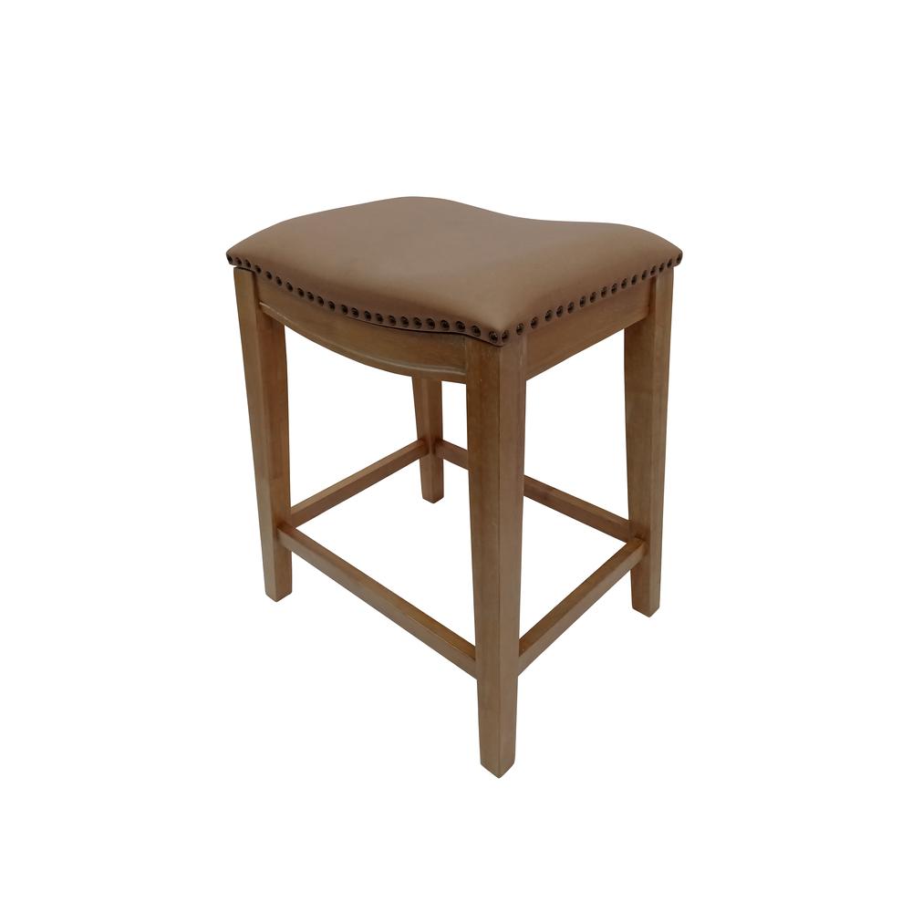 25" Saddle Counter Stool - Set of 2 - Natural Oak - Saddle Brown Upholstery. Picture 3