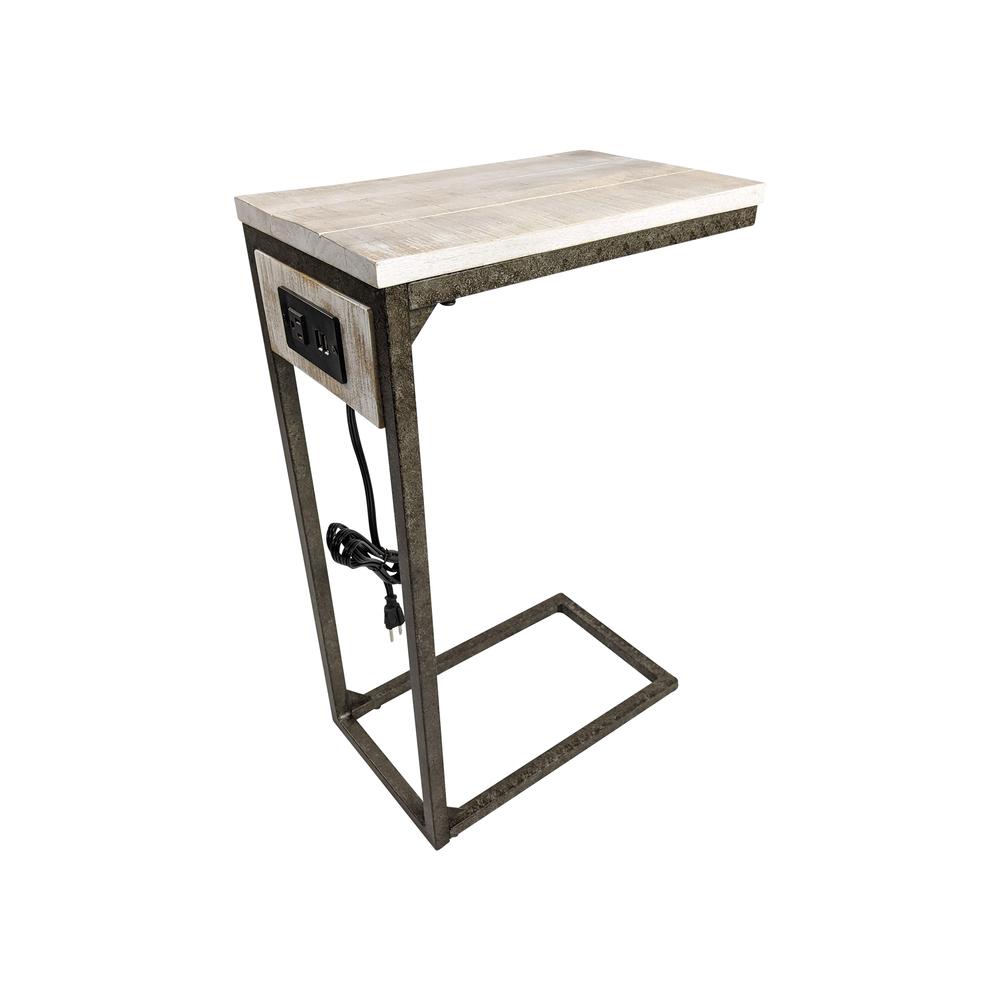 Chloe C-Form Accent Table - USB Ports - Natural Driftwood Top - Aged Iron Base. Picture 1