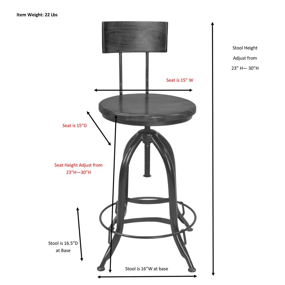 Ryder Adjustable Barstool with Back - Chestnut Seat - Black Base. Picture 6