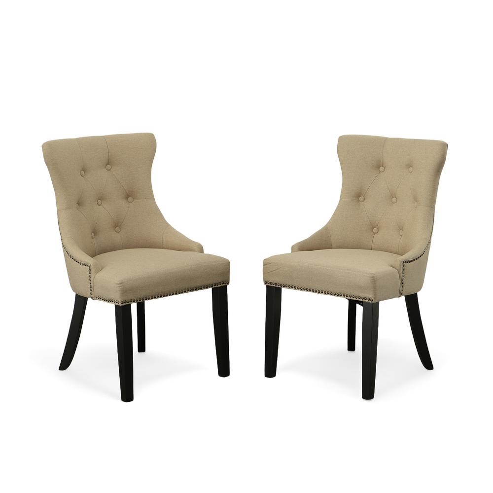 Tufted Back Upholstered Chair - Set of 2 - Espresso - Cream Linen Upholstery. Picture 8