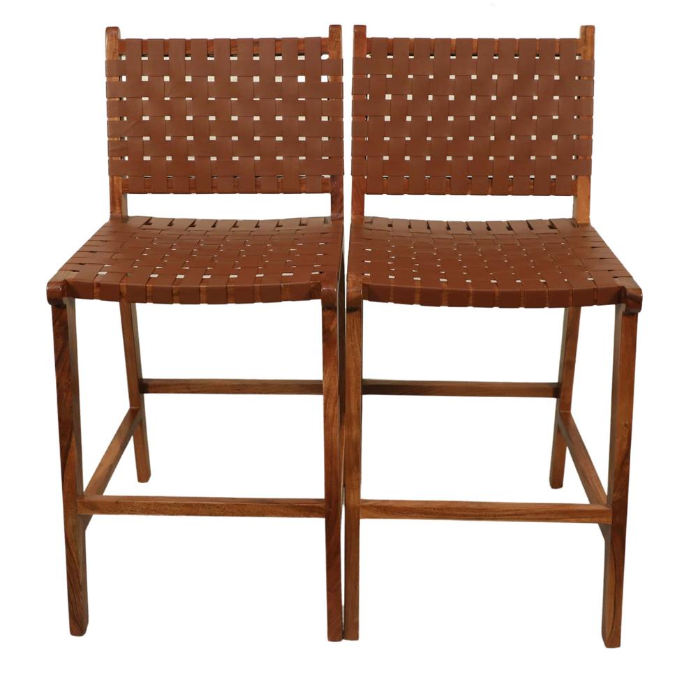Whitney Leather Weave Barstool - Set of 2 - Honey Gold - Tan Upholstery. Picture 7