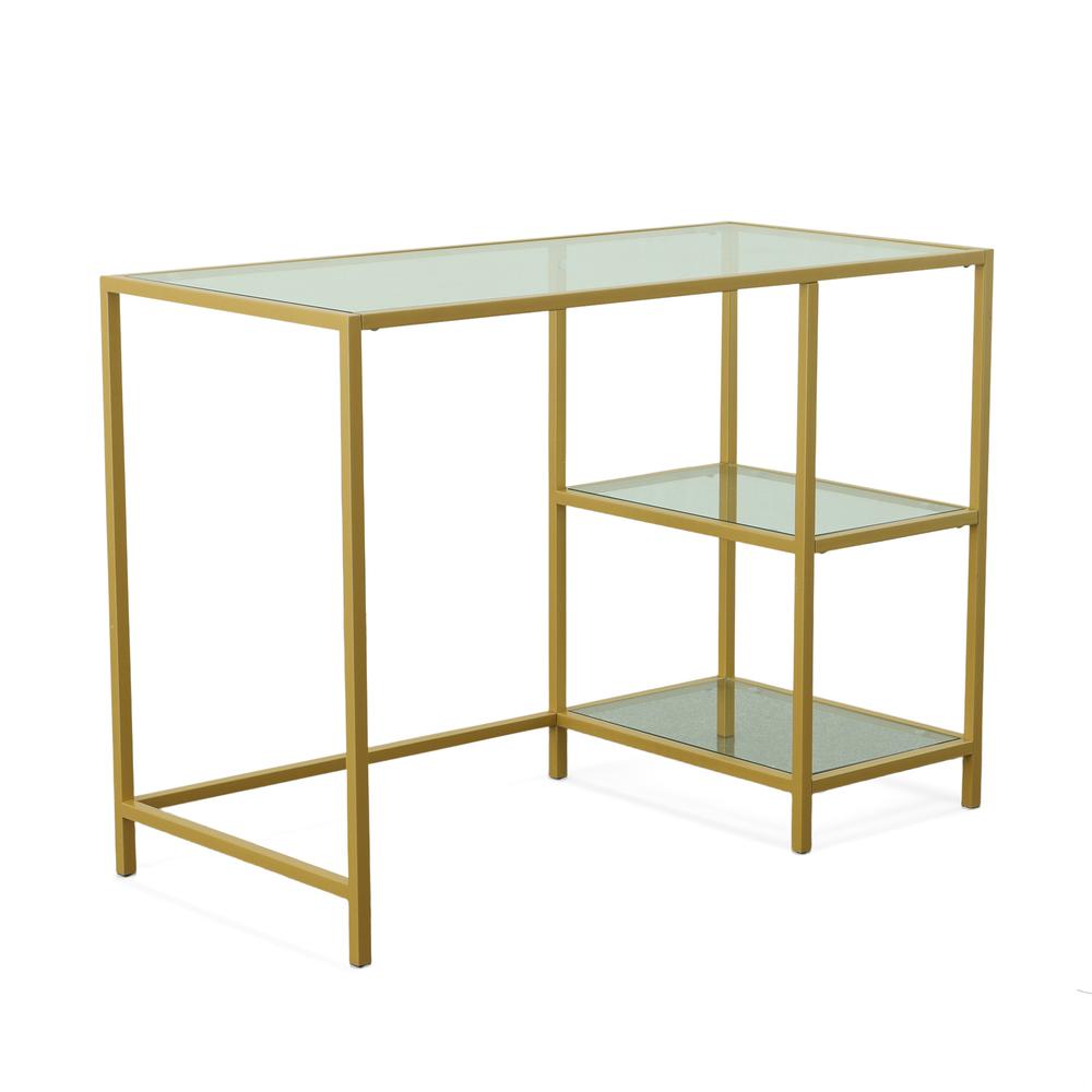Marcello Glass Top Desk with Shelves - Gold. Picture 5
