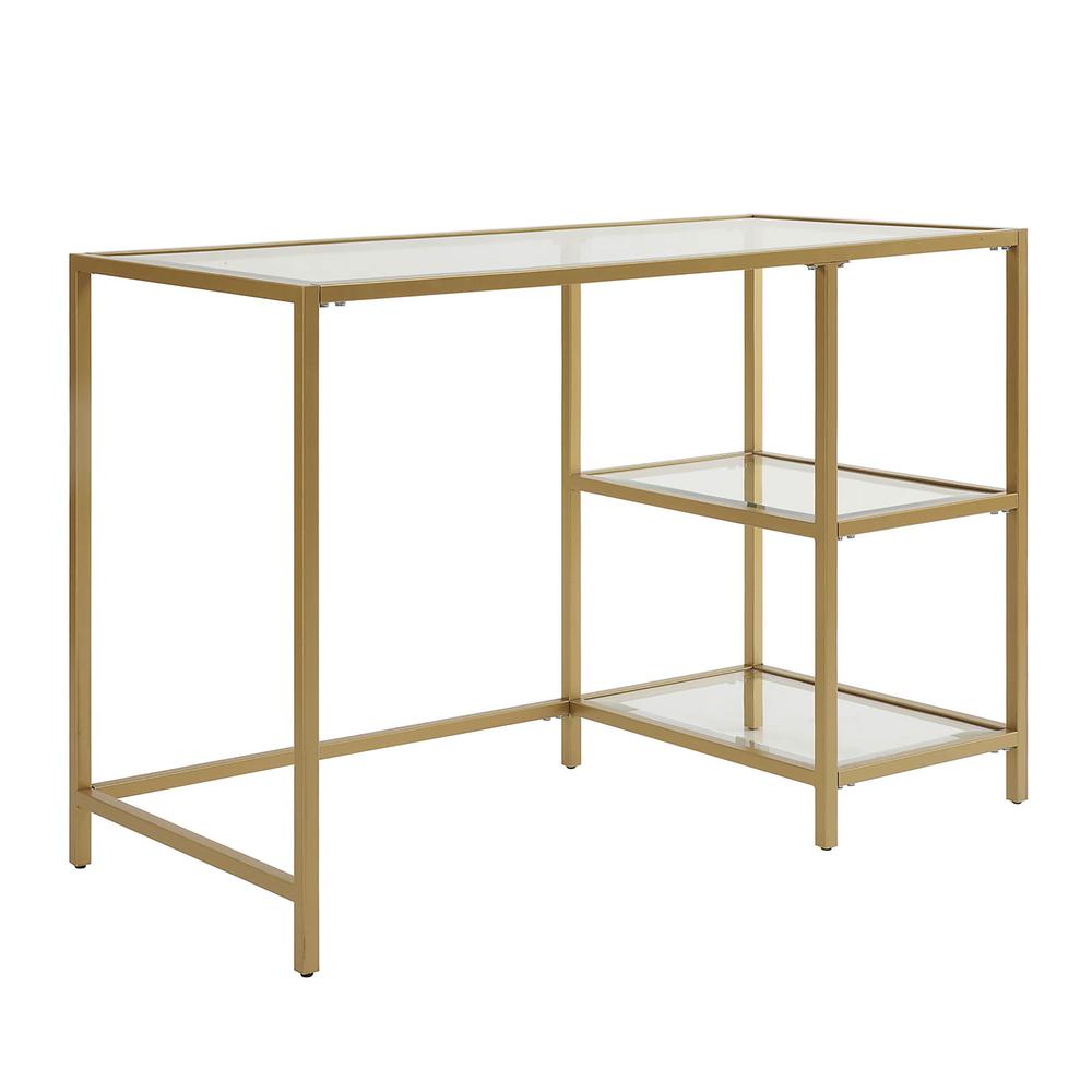 Marcello Glass Top Desk with Shelves - Gold. Picture 1