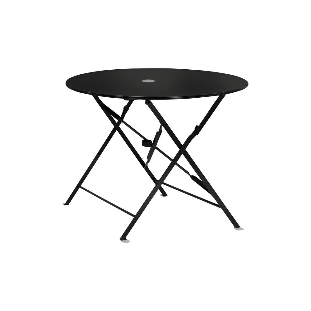Bistro 36" Round Folding Outdoor Table - Umbrella Hole - Black. Picture 1