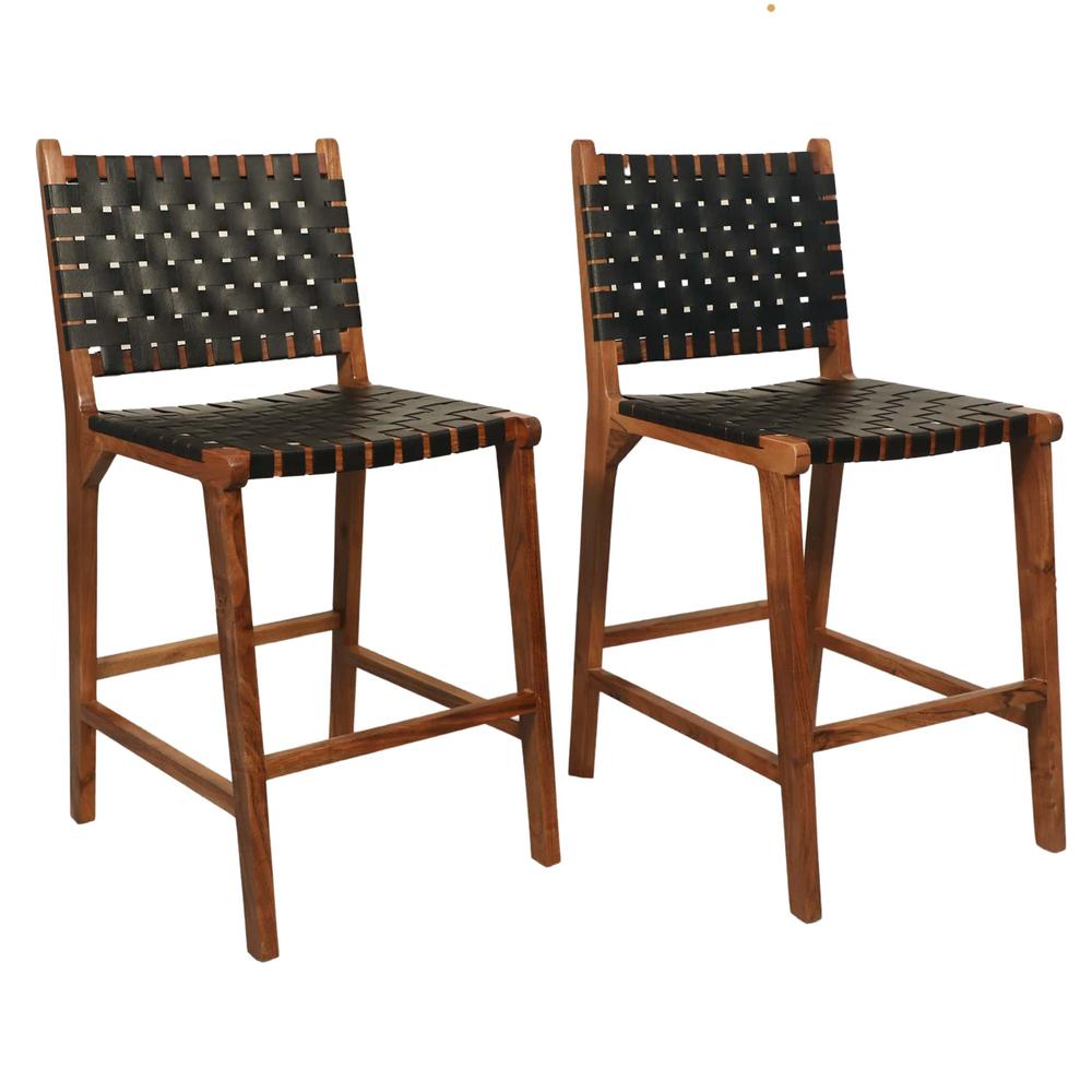 Whitney Leather Weave Barstool - Set of 2 - Honey Gold - Black Upholstery. Picture 7
