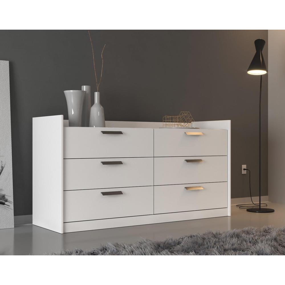 Modern Chic White 6-Drawer Dresser Featuring Bronze Handles. Picture 7