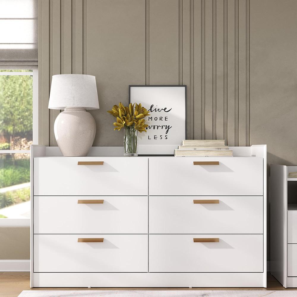 Modern Chic White 6-Drawer Dresser Featuring Bronze Handles. Picture 2