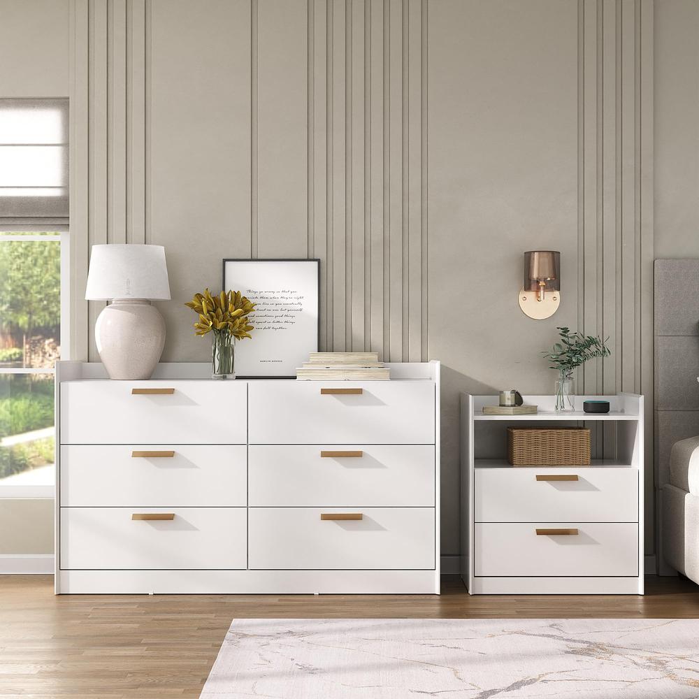 Modern Chic White 2-Drawer Nightstand with a Built-in Niche and Bronze Handles. Picture 5