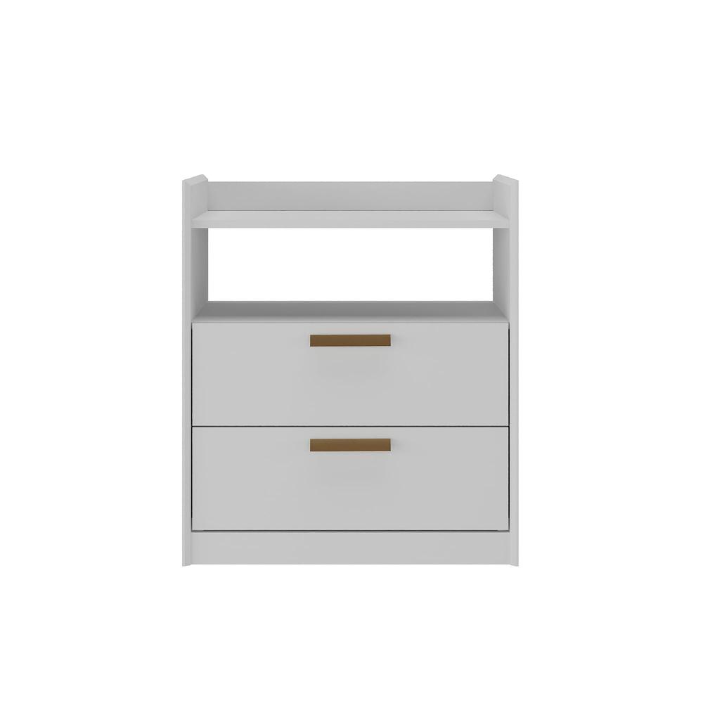 Modern Chic White 2-Drawer Nightstand with a Built-in Niche and Bronze Handles. Picture 1