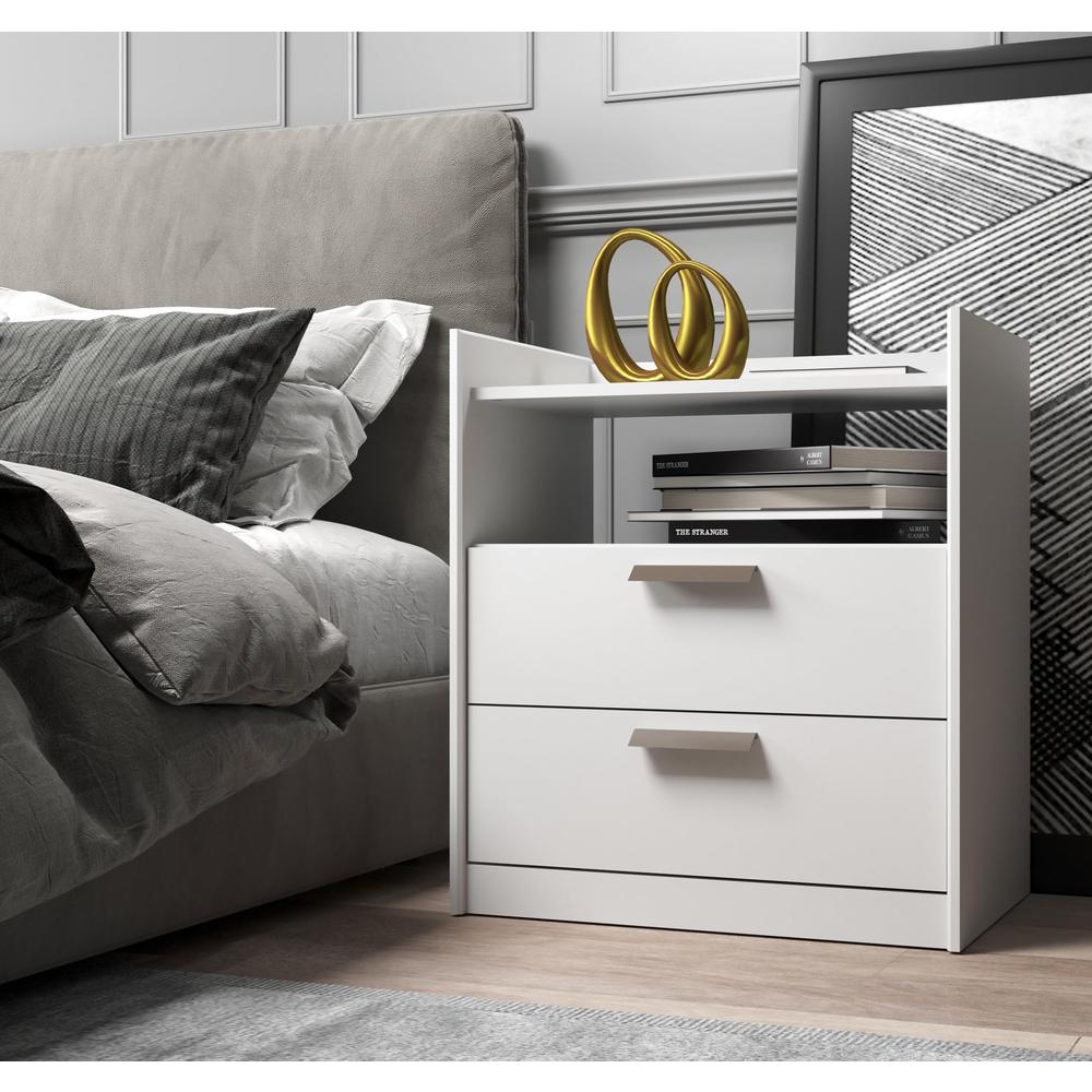 Modern Chic White 2-Drawer Nightstand with a Built-in Niche and Bronze Handles. Picture 2